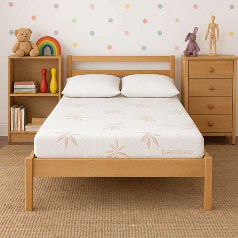 Wooden bed with white latex mattress in a kids room with colorful polka dot wall, bookshelf, and dresser.