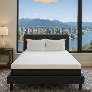 Bedroom with a large window view of a city, water, and mountains of Vancouver