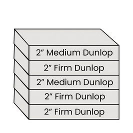 Stack of latex foam blocks labeled with thickness and firmness