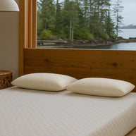 soap shaped organic latex pillows on bed frame. 